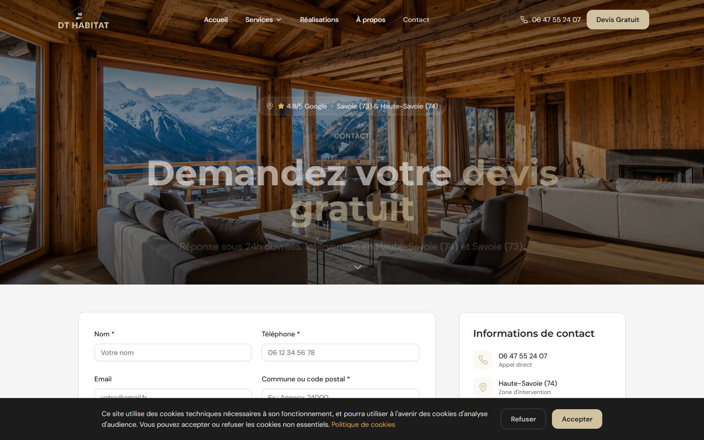 Page contact et formulaire de devis du site DT Habitat