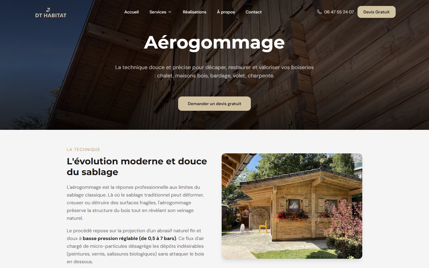 Page service Aérogommage du site DT Habitat