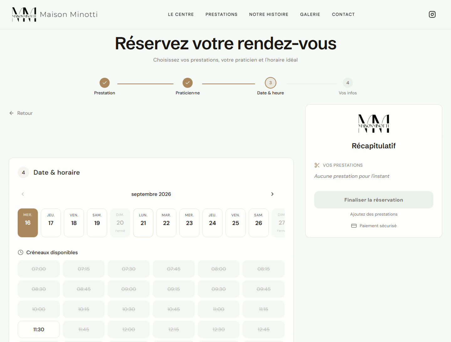 Étape de choix de la date et du créneau dans le SaaS de réservation de Maison Minotti