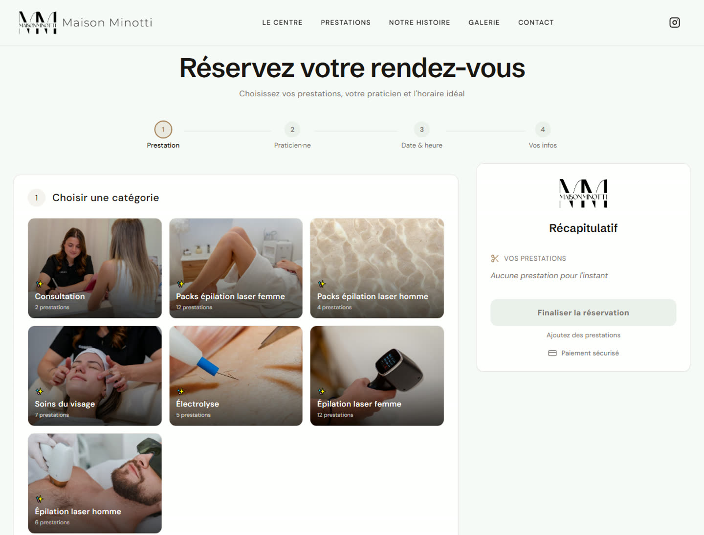 Étape de choix de la prestation dans le SaaS de réservation en ligne développé pour Maison Minotti