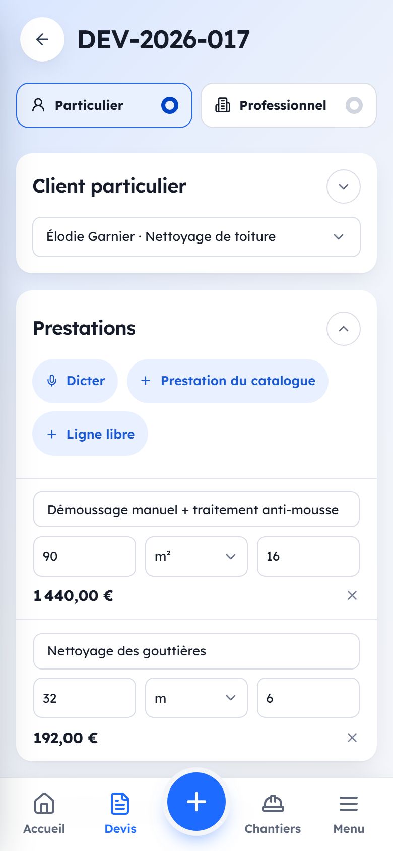 Devis d'artisan préparé à la voix dans VulbisPro